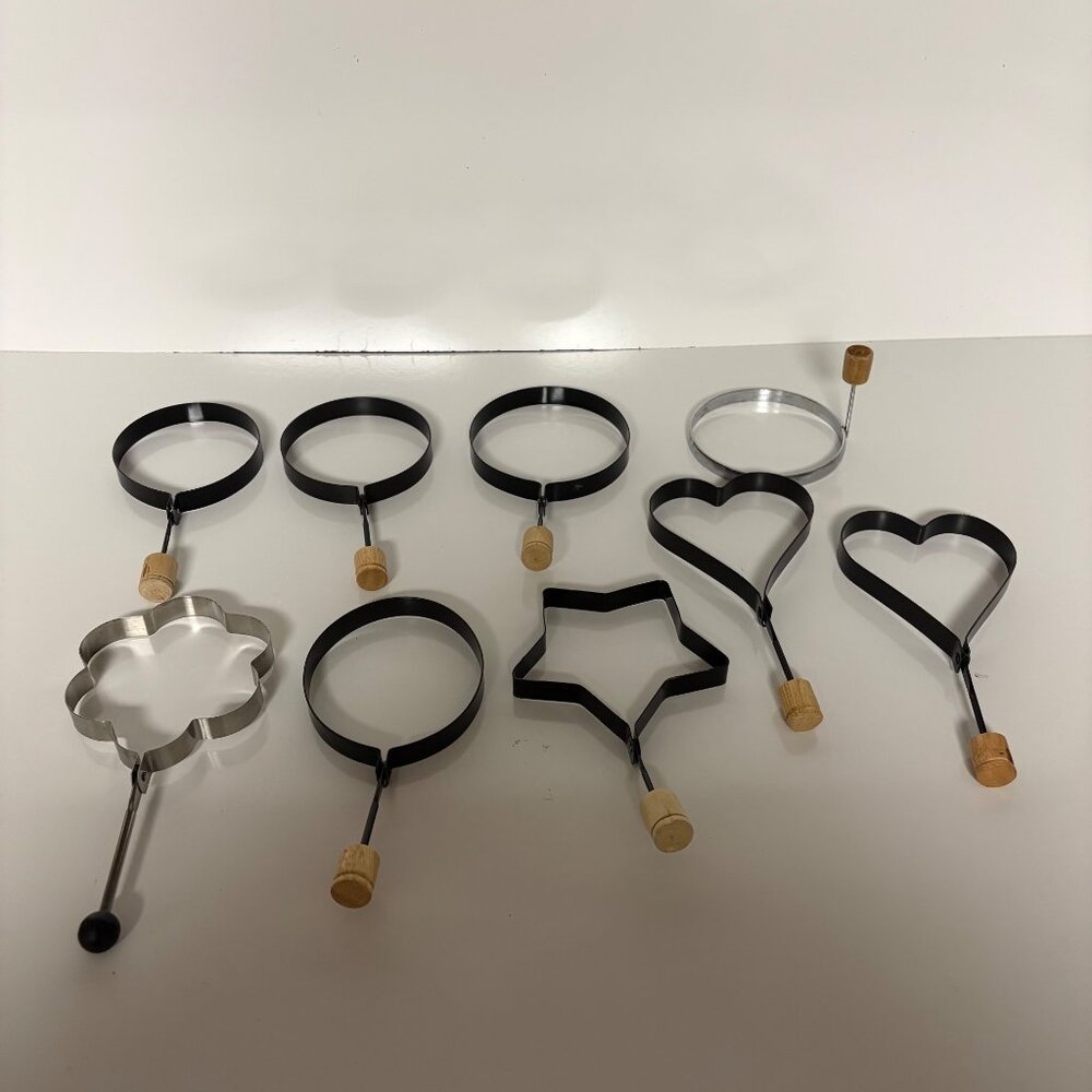 Metal Egg Rings Pancake Molds Wooden Handles Round Heart Star Flower Shapes 9 pc